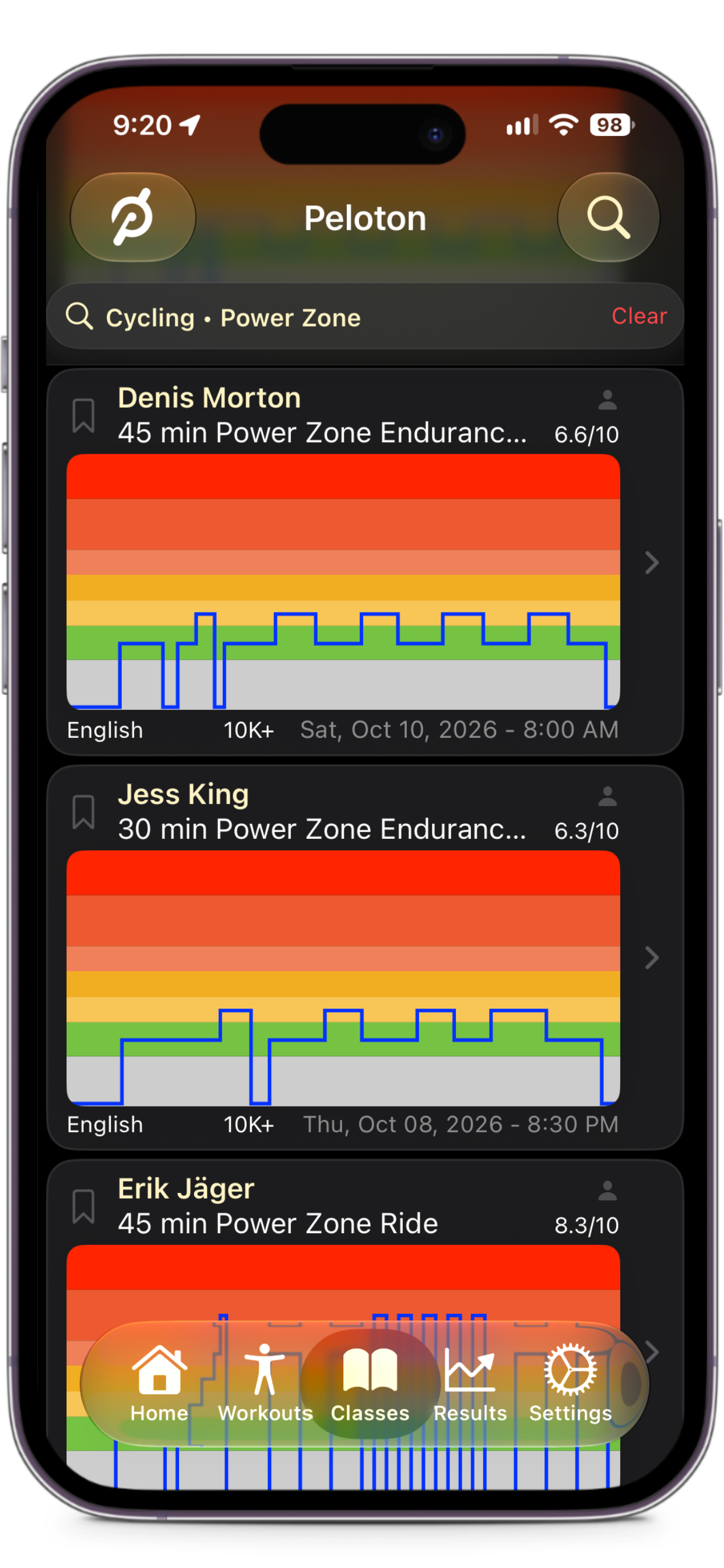 Class browser filtered to Cycling Power Zone, showing each class's zone structure graph