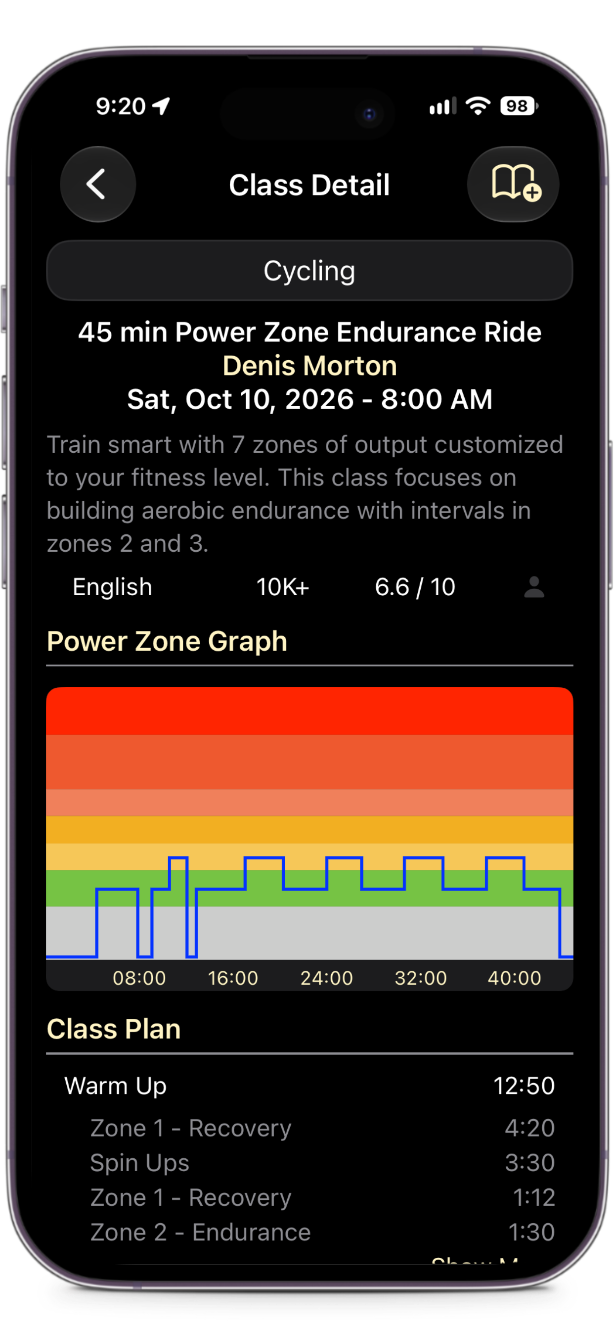 Class detail with description, Power Zone graph and class plan