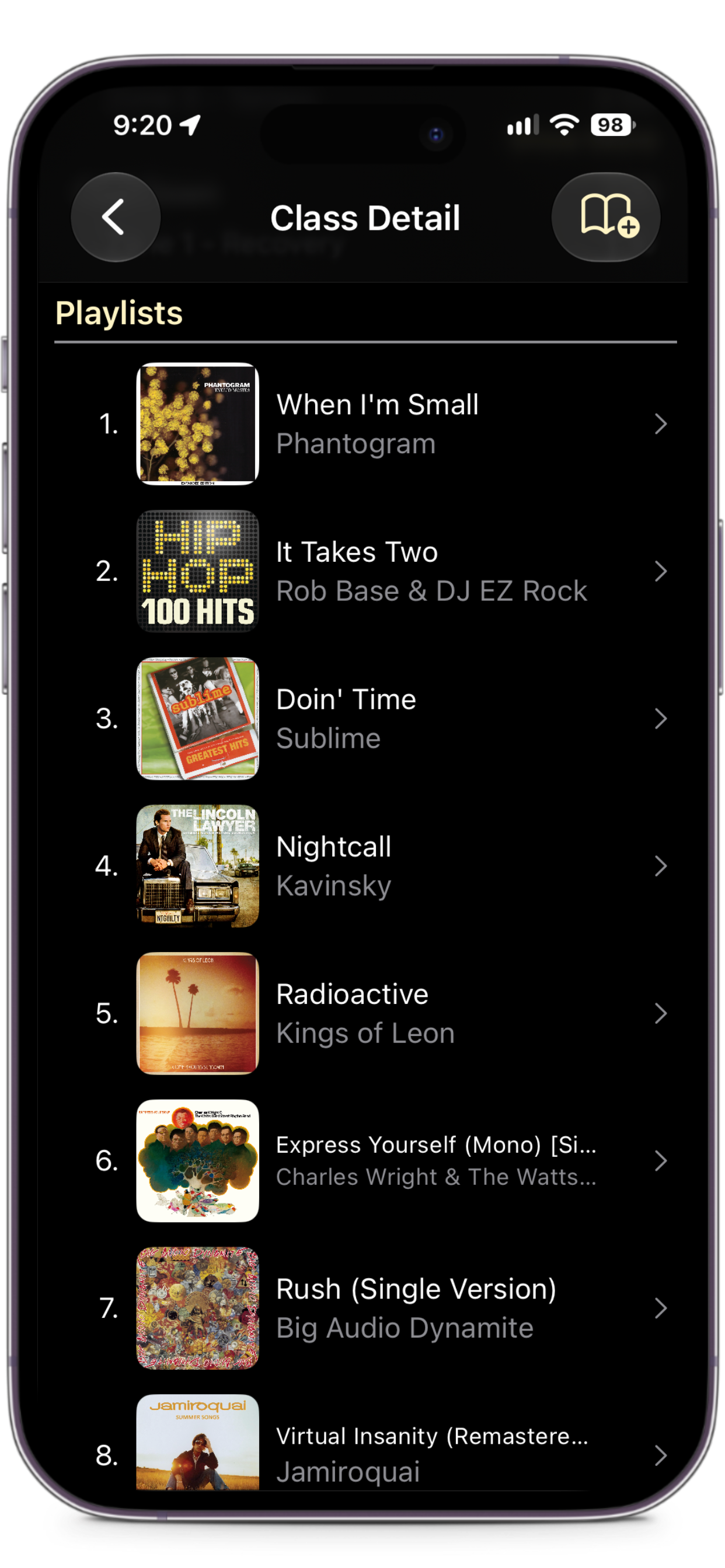 Class detail showing the class playlist