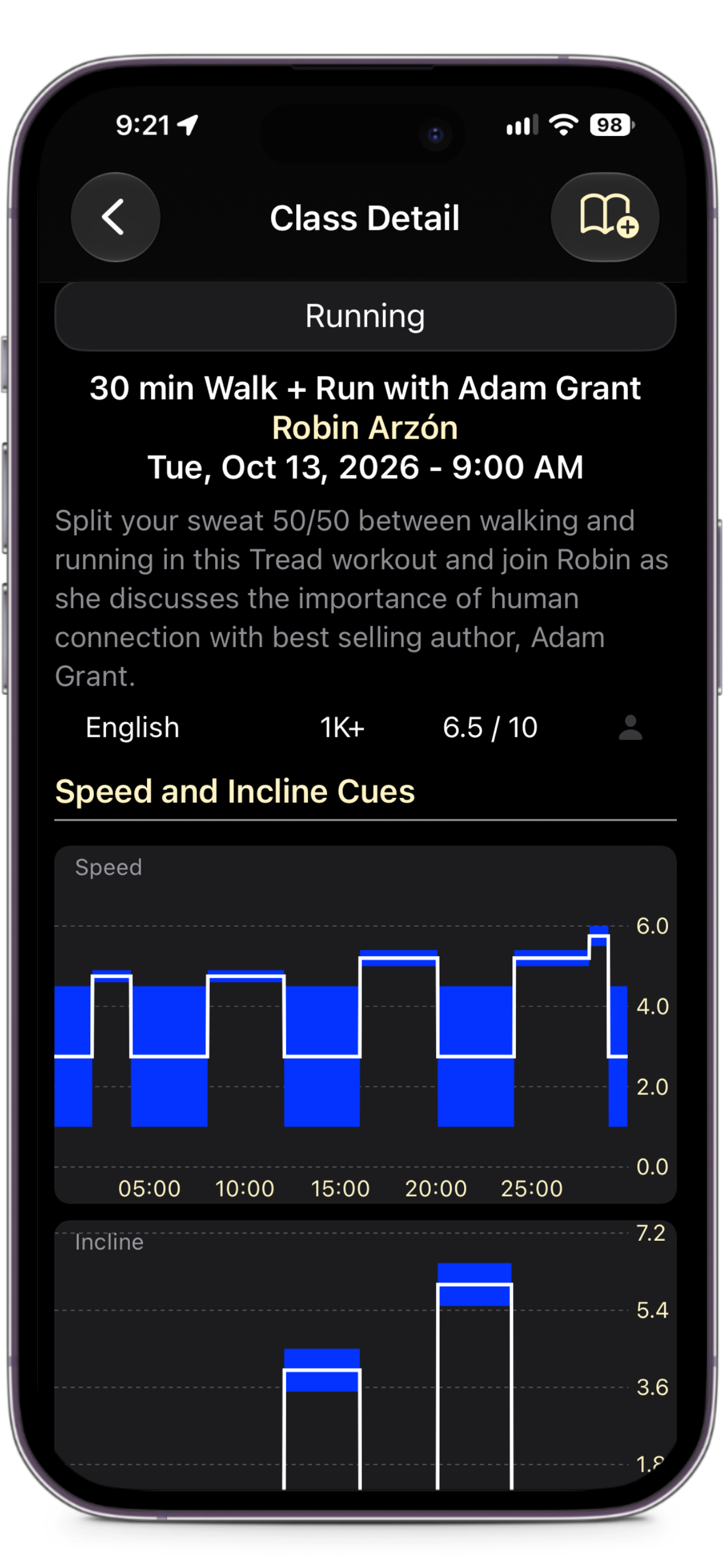 Running class detail with speed and incline cue graphs