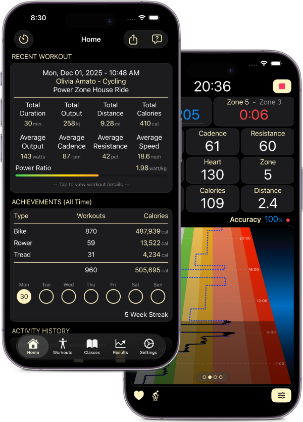 mPaceline Pulse showing a recent Power Zone ride and live class metrics on iPhone