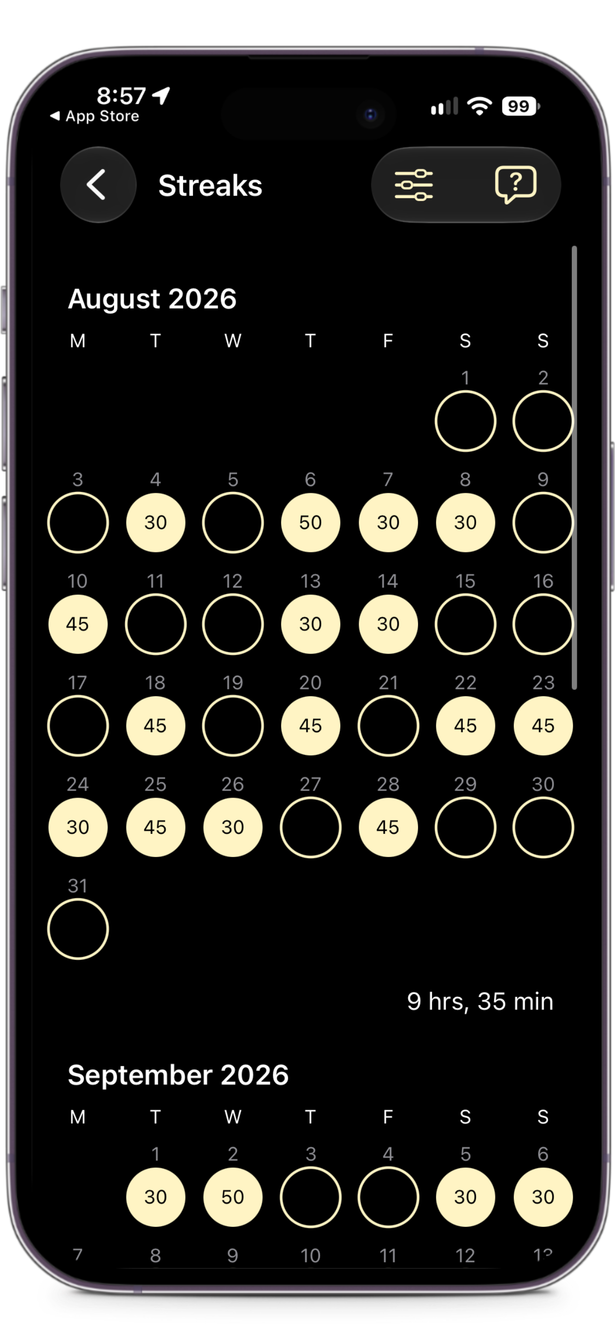 Streaks calendar showing workout minutes on each day of the month